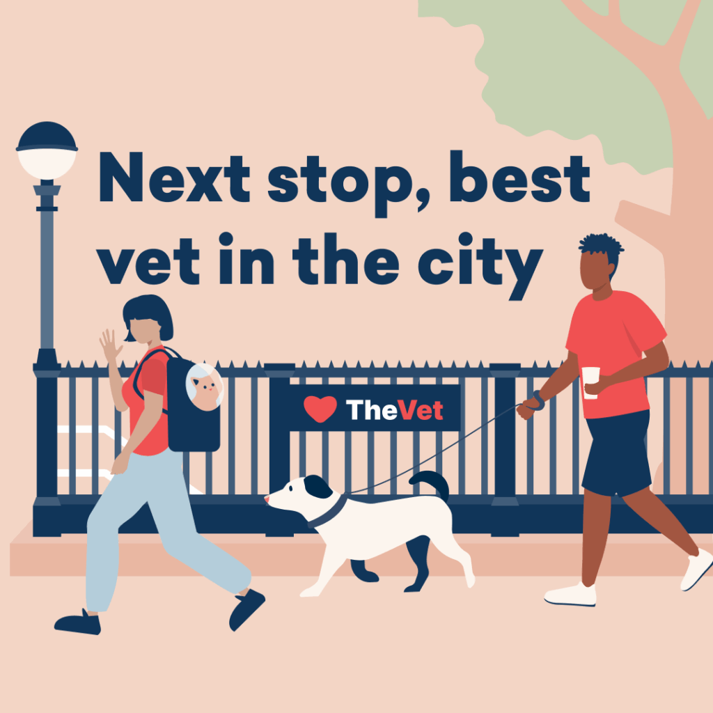 Ad that reads "Next stop, best vet in the city" and an illustration  with two new yorkers walking with their pets. one with his dog on a leash, the other with her cat in a backpack.